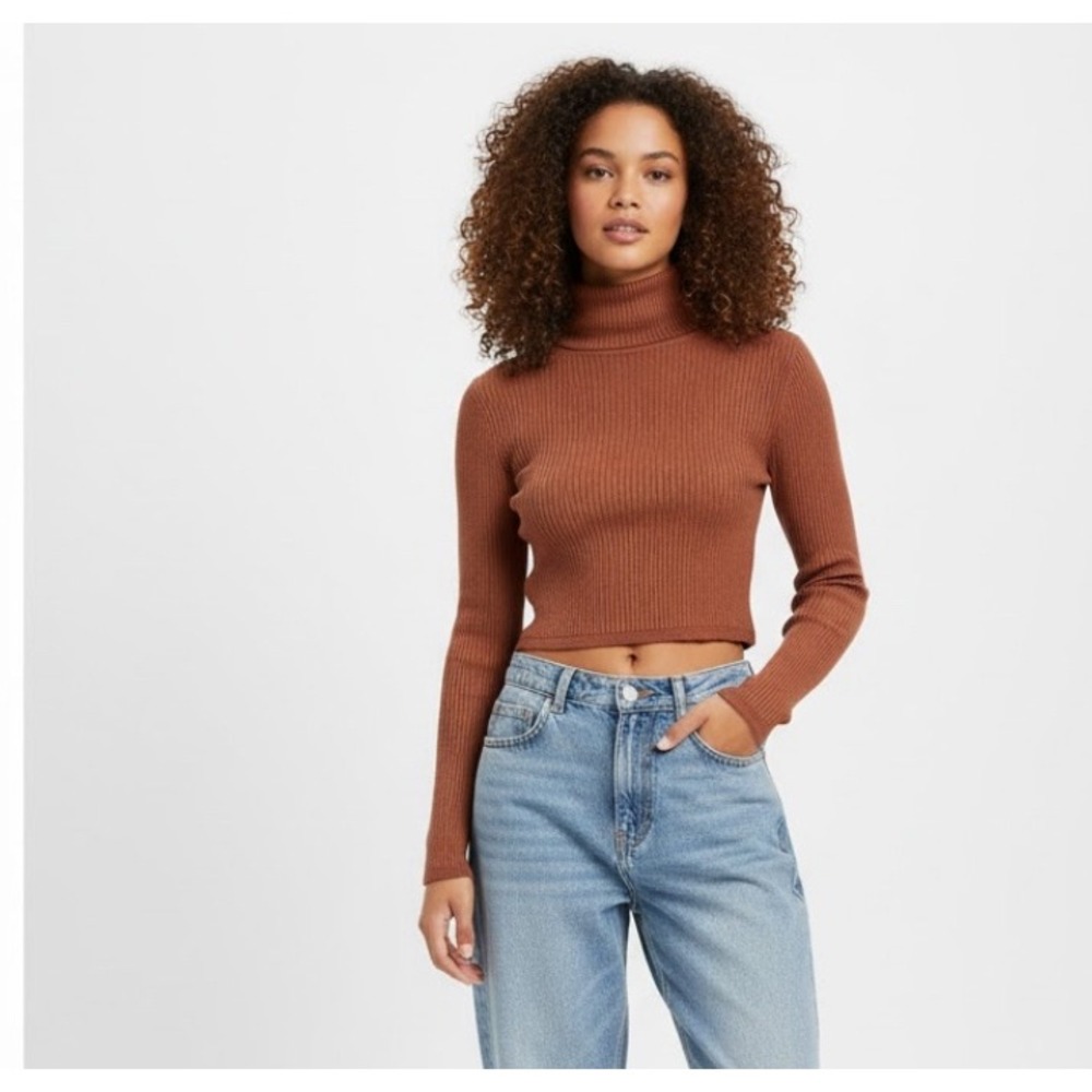 Twik par Simons Womens XS Ribbed Knit Turtleneck Cropped Sweater Rust Brown